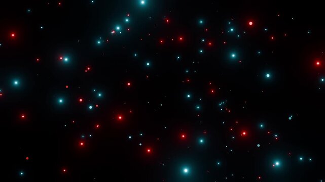 Red and blue twinkling glowing particles floating animation overlay background 4k seamless loop backdrop	
