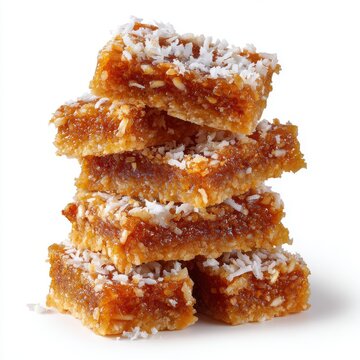 Sri Lankan dessert of coconut-laden kiri toffee bars isolated on a white background