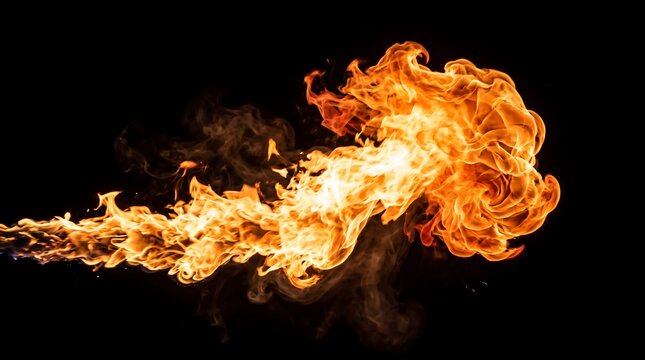 Dynamic fire flame stream on black background
