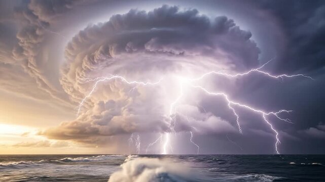 Supercell thunderstorm over ocean with dramatic swirling cloud formation and lightning strike illuminating turbulent waves
