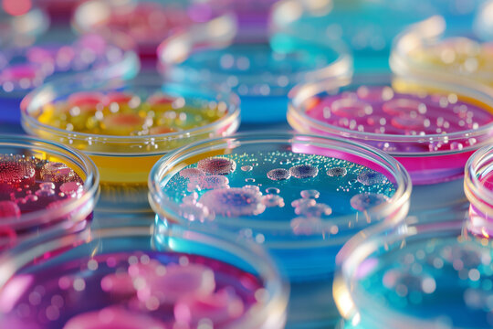 Colorful bacteria colonies in petri dish microbiology background
