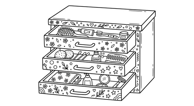 Open jewelry box with drawers filled with accessories, beauty products, and makeup