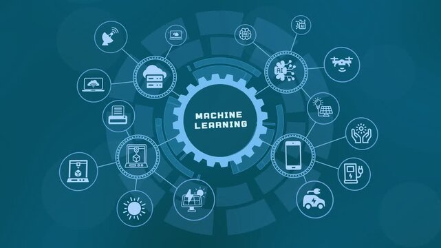 Machine learning algorithm network concept showing deep data training, predictive modeling systems, and artificial intelligence connectivity.