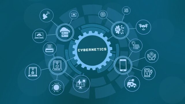 Cybernetics system network banner illustrating human machine interaction, futuristic technology integration, and automated control systems.