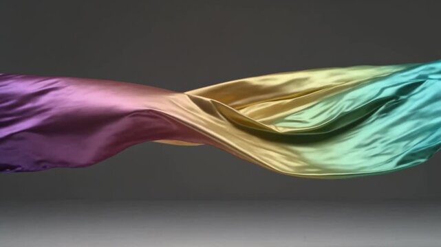 Iridescent silk fabric flowing with shifting rainbow colors, shimmering softly in a gentle wind with elegant drape