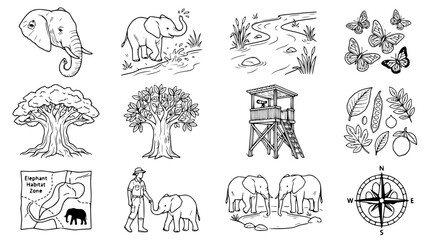 Obraz premium Collection of Elephant and Nature Illustrations: Safari, Wildlife, Habitat, and Conservation
