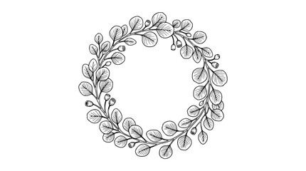 Hand-drawn eucalyptus wreath illustration, botanical circle design, sketch style, isolated on white © Akun Sembilan