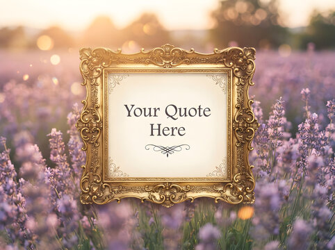 Vintage ornate gold picture frame with Your Quote Here text placeholder, elegant baroque golden frame floating over a blurred lavender field at sunset. Romantic antique frame mockup with