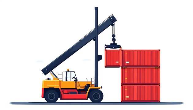 Industrial forklift lifting red shipping container.