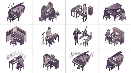 Professional Isometric Illustrations of Musicians Practicing Various Instruments in Purple and Gray Tones © Riski