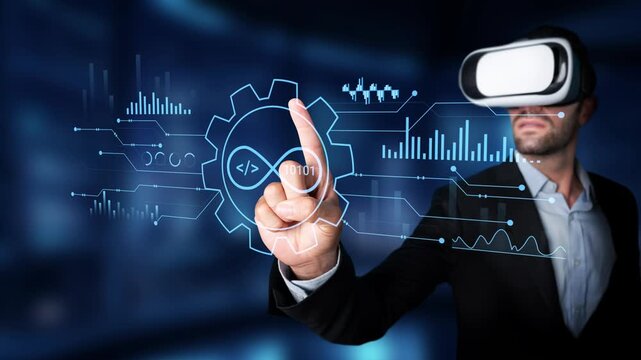 Man in Virtual Reality Headset Interacting with Digital Interface Representing Technology and Innovation in Modern Business Environment. Entropy.