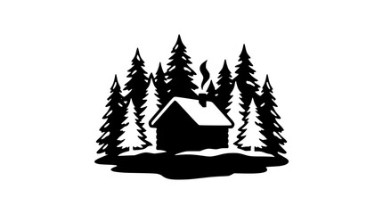 Obraz premium Black and white silhouette of a log cabin in a pine forest