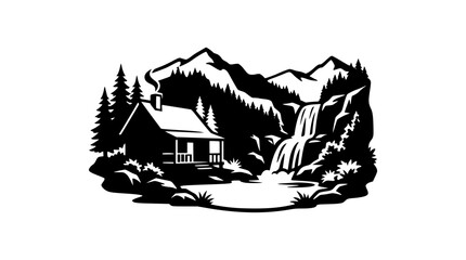 Fototapeta premium Black and White Mountain Cabin Illustration with Waterfall and Pine Trees