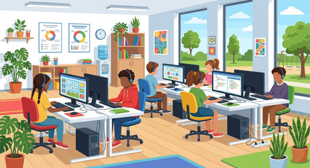 Naklejka premium Modern computer lab classroom with diverse students, elementary school children learning coding and technology, digital literacy education vector
