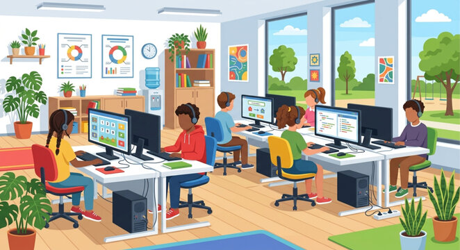 Modern computer lab classroom with diverse students, elementary school children learning coding and technology, digital literacy education vector