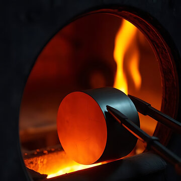 Metal Cylinder Heated Inside Industrial Furnace with Precision Tongs