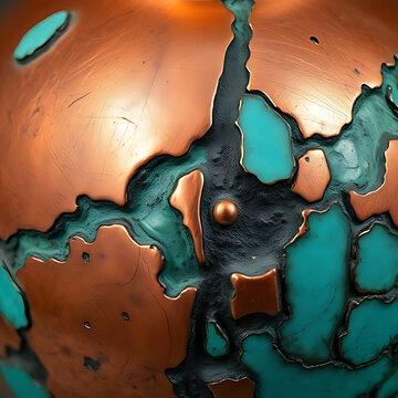 Cracked Copper Surface Revealing Turquoise Verdigris Corrosion