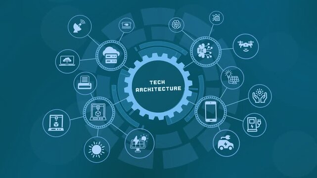 Technology architecture diagram illustrating connected digital infrastructure, scalable platforms, cloud systems and enterprise solutions.