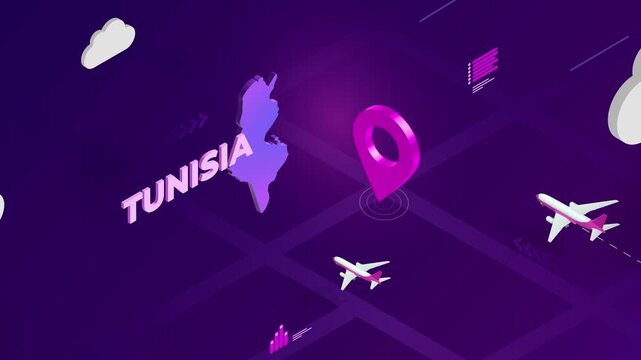 Isometric Design, Tunusia Map Silhouette Location Pin and Airplanes on Purple Animation, Travel Background