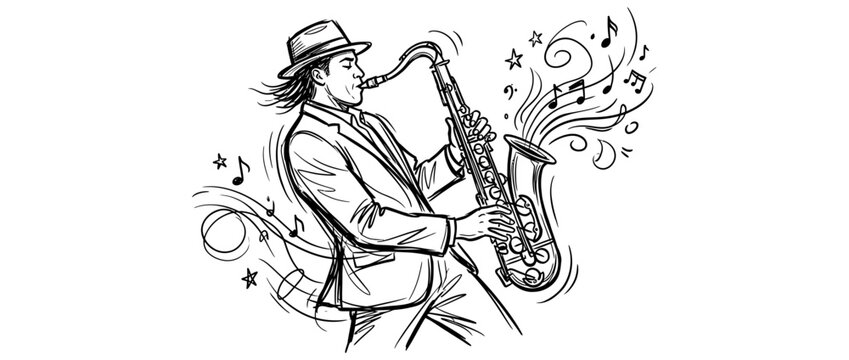 Man in Hat Playing Saxophone with Music Notes