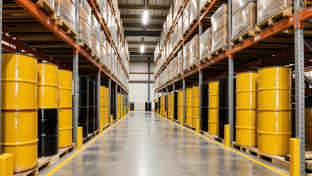 Yellow and black oil drums stored in a modern industrial warehouse