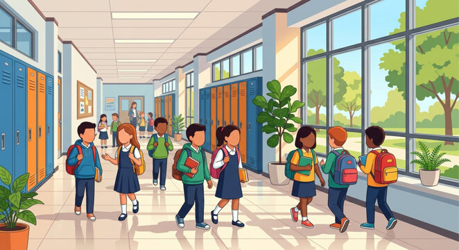 Modern school hallway with diverse students, elementary children walking in school corridor with lockers, educational building interior vector