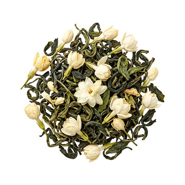 Premium jasmine green tea blend with dried jasmine flowers and rolled green tea leaves isolated on white