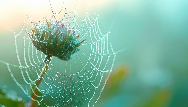 Close-up of dewy spiderweb glistening around a green flower bud, capturing the early morning light against a soft, blurred background