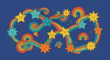 Obraz premium Happy Stars Rainbow Swirls Colorful Fun Illustration
