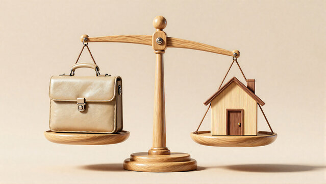 Work life balance concept with wooden scale briefcase and house