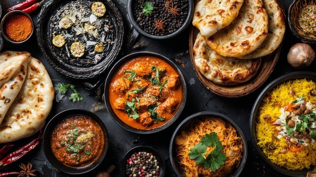 Assorted traditional indian food on black background featuring authentic curry dishes, basmati rice, fresh naan bread, colorful spices, vegetarian and meat recipes, gourmet south asian cuisine, restau