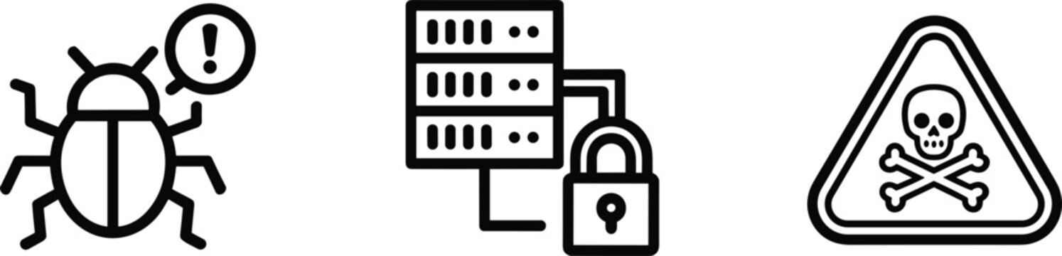 Bold security icon set with cyberattack database protection alert sign