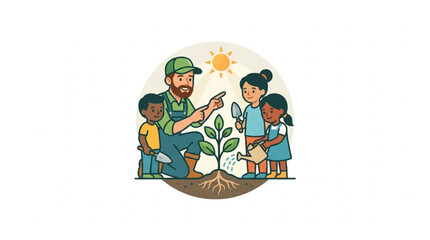 Fototapeta premium Family planting a young tree together in garden.