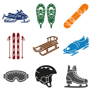 Set of winter sports and snow activity icons in flat vector style.