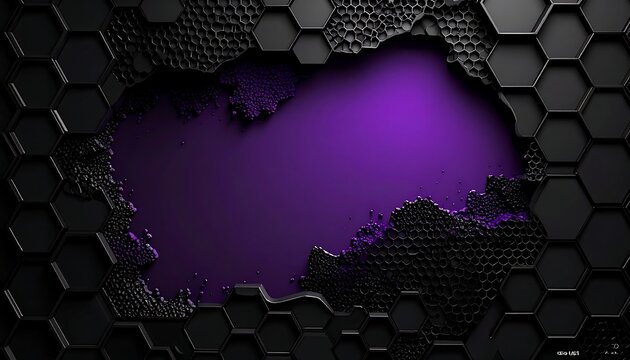 Abstract 3D black hexagonal grid frame with torn edge revealing glowing purple background