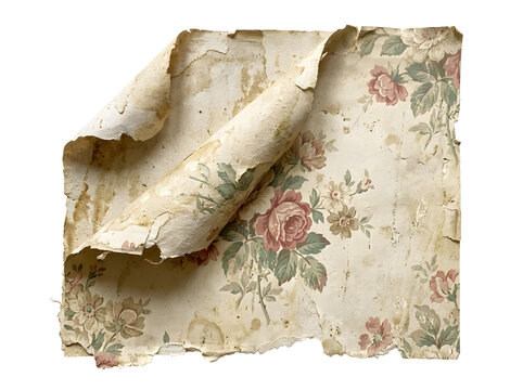 Vintage floral wallpaper scrap with peeling edges and weathered texture, antique rose pattern on distressed paper isolated on white background. Shabby chic botanical wall covering fragment