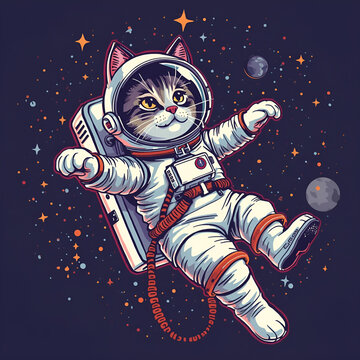 Cute tabby cat wearing a space suit floating in the deep galaxy with stars and planets.