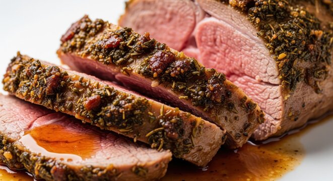 Sliced roasted lamb loin with herbs and spices on a white plate