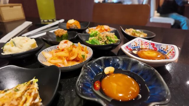Assorted Asian Side Dishes and Appetizers on Restaurant Table in Bangkok
