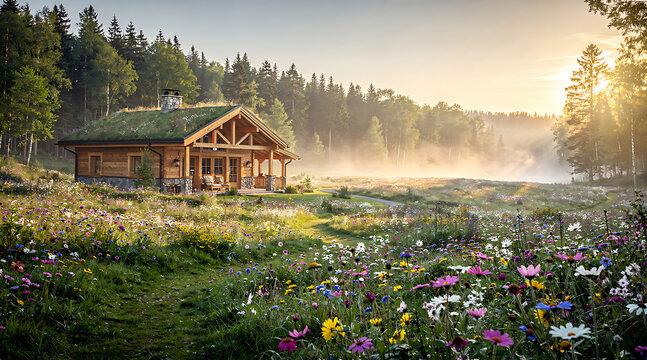 A Tranquil Cabin Amidst a Field of Wildflowers at Sunrise.
