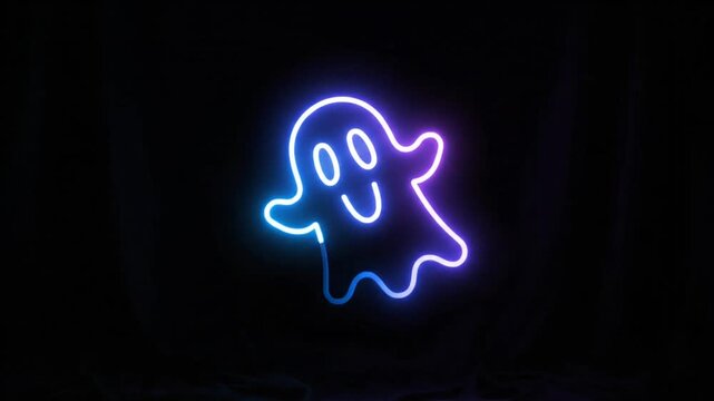 Glowing blue and purple neon ghost floating on dark background