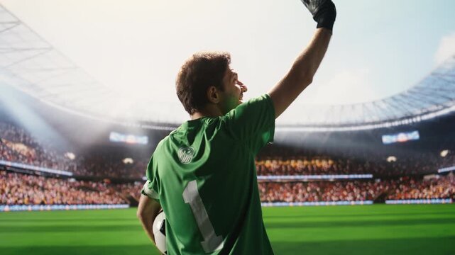 Goalie saluting fans with ball under arm at stadium entrance, waving with gloves, player with captain armband ready to play walking onto pitch for football.