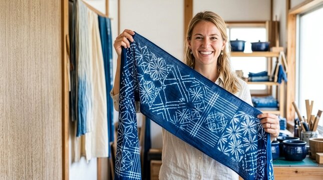 Woman highly satisfied with her beautiful Japanese pattern in a craft experience during inbound tourism
