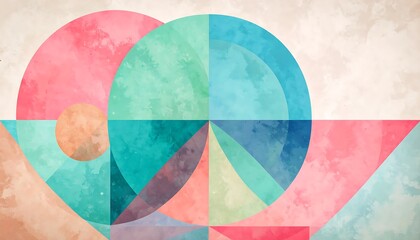 Fototapeta premium Abstract Geometric Art Composition with Overlapping Circles and Pastel Watercolor Textures in Mid-Century Modern Style