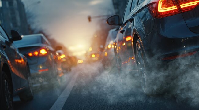 Close-up view of cars stuck in heavy traffic on an urban road, with exhaust fumes rising. The city atmosphere is dusk, the taillights glow
