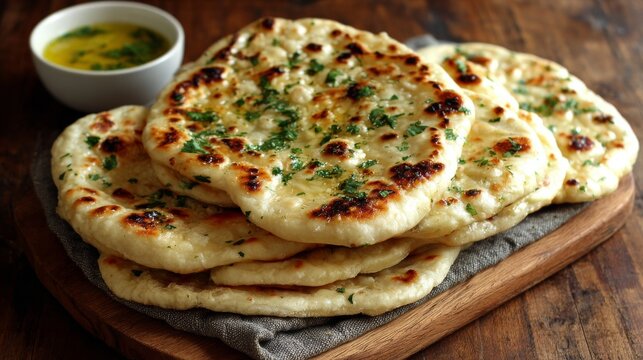 Homemade indian naan flatbread freshly baked traditional south asian bread with soft fluffy texture authentic artisan recipe served for curry restaurant style cuisine food photography