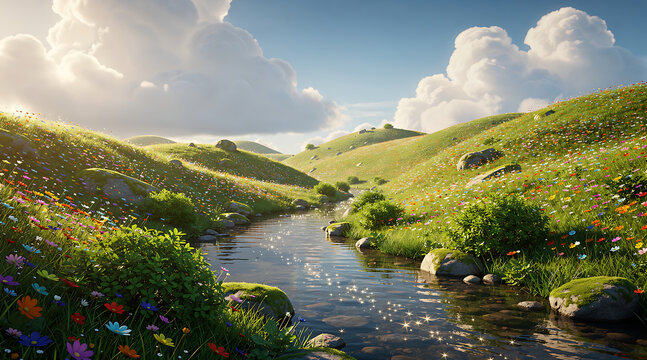 Tranquil stream flowing through vibrant flower-filled meadow under sunny sky.