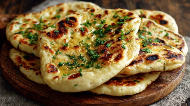 Homemade indian naan flatbread freshly baked traditional south asian bread with soft fluffy texture authentic artisan recipe served for curry restaurant style cuisine food photography