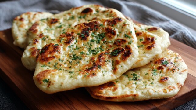Homemade indian naan flatbread freshly baked traditional south asian bread with soft fluffy texture authentic artisan recipe served for curry restaurant style cuisine food photography