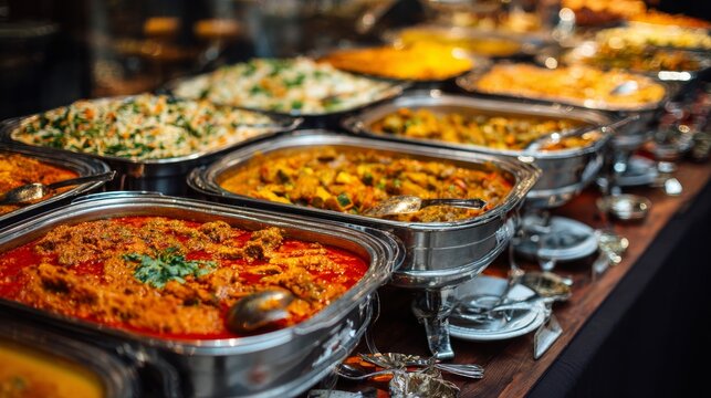 Traditional indian buffet table with assorted curry dishes, fragrant basmati rice, fresh vegetable specialties and authentic regional cuisine served in stainless steel catering containers, vibrant foo